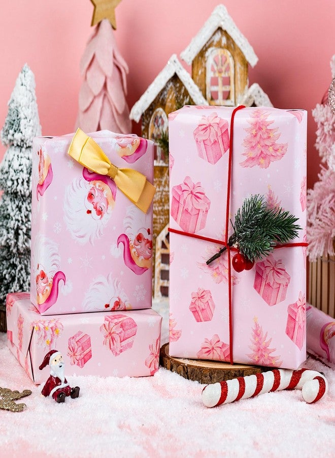 MAYPLUSS Pink Christmas Wrapping Paper, Santa Gift Wrapping Papers, Modern Girly Santa Claus, Christmas Tree & Present Pattern Girl Pink Gift Wrap for Holiday Present Packaging (17 Inch X 33 Feet) - Image 2