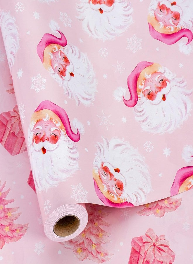 MAYPLUSS Pink Christmas Wrapping Paper, Santa Gift Wrapping Papers, Modern Girly Santa Claus, Christmas Tree & Present Pattern Girl Pink Gift Wrap for Holiday Present Packaging (17 Inch X 33 Feet) - Image 1