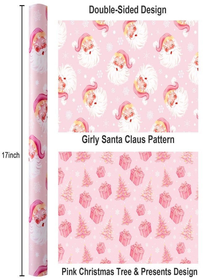 MAYPLUSS Pink Christmas Wrapping Paper, Santa Gift Wrapping Papers, Modern Girly Santa Claus, Christmas Tree & Present Pattern Girl Pink Gift Wrap for Holiday Present Packaging (17 Inch X 33 Feet) - Image 3