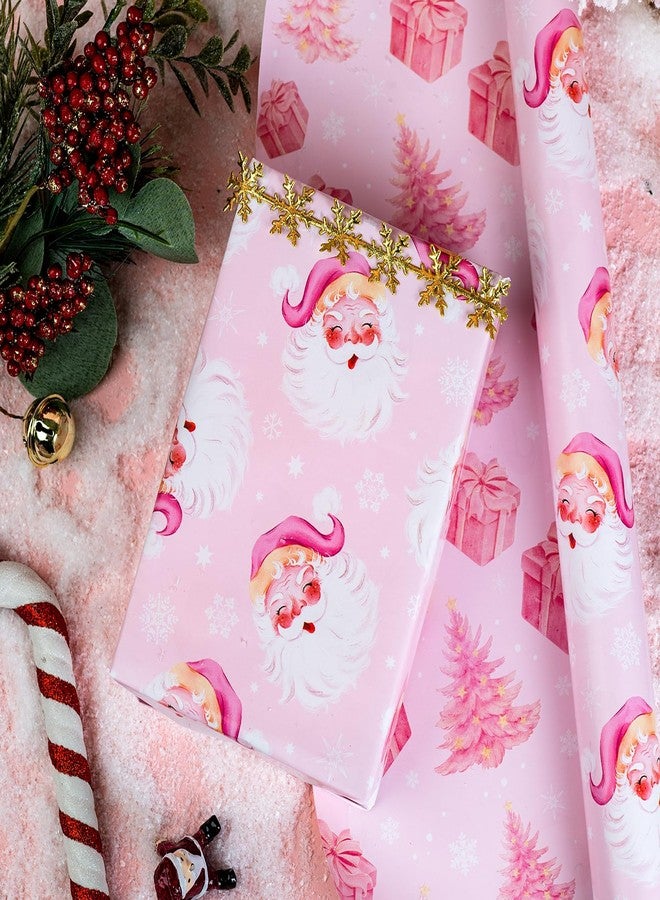 MAYPLUSS Pink Christmas Wrapping Paper, Santa Gift Wrapping Papers, Modern Girly Santa Claus, Christmas Tree & Present Pattern Girl Pink Gift Wrap for Holiday Present Packaging (17 Inch X 33 Feet) - Image 5