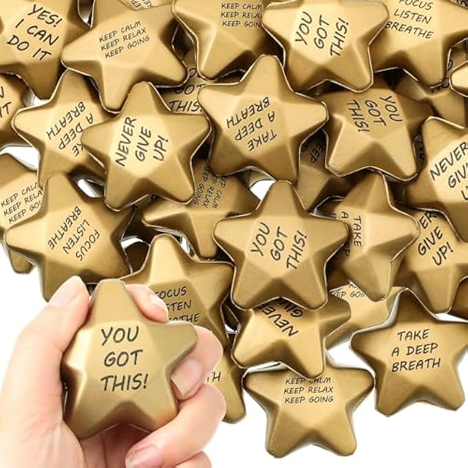 Deekin 36 Pieces Star Stress Balls Star Mini Foam Ball Stress Relief Star Balls Star Stress Toys for Teens Adults Student Bag Fillers, Gold (Motivational, 1.6 Inch) - Image 1