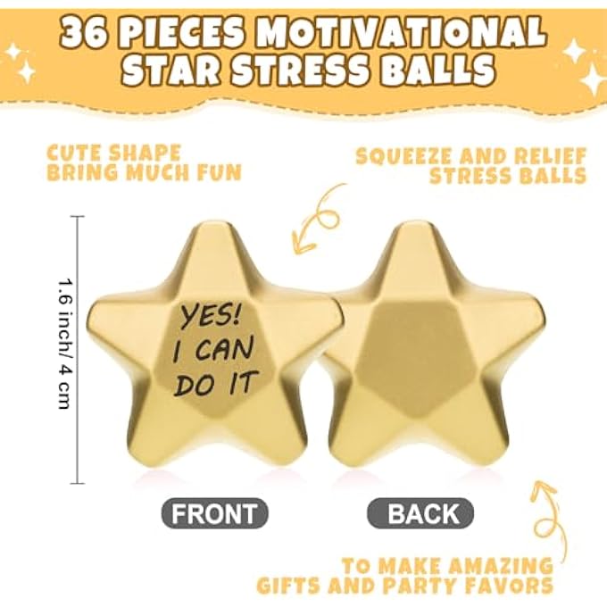 Deekin 36 Pieces Star Stress Balls Star Mini Foam Ball Stress Relief Star Balls Star Stress Toys for Teens Adults Student Bag Fillers, Gold (Motivational, 1.6 Inch) - Image 2
