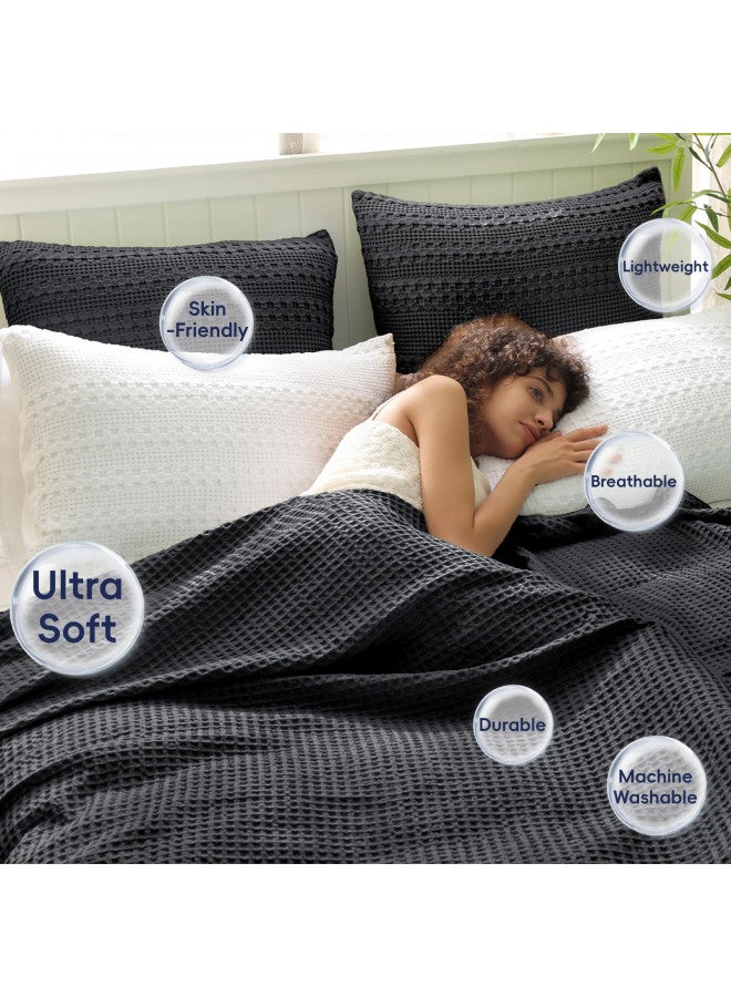 PHF PHF Ultra Soft Waffle Weave Blanket Queen Size 90"x 90"- Washed Lightweight Breathable Breathable Cozy Woven Blanket - Great for Couch Bed Sofa Home Car - Black  - Image 1