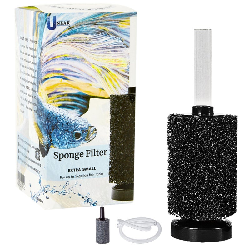 UNEAK Extra Small Aquarium Sponge Filter Fish Tank Silent Filteration Breeding Fry Betta Shrimp Nano Tank Accessories Air Stone 4-inch Airline Tubing up to 5 Gallon - Image 1