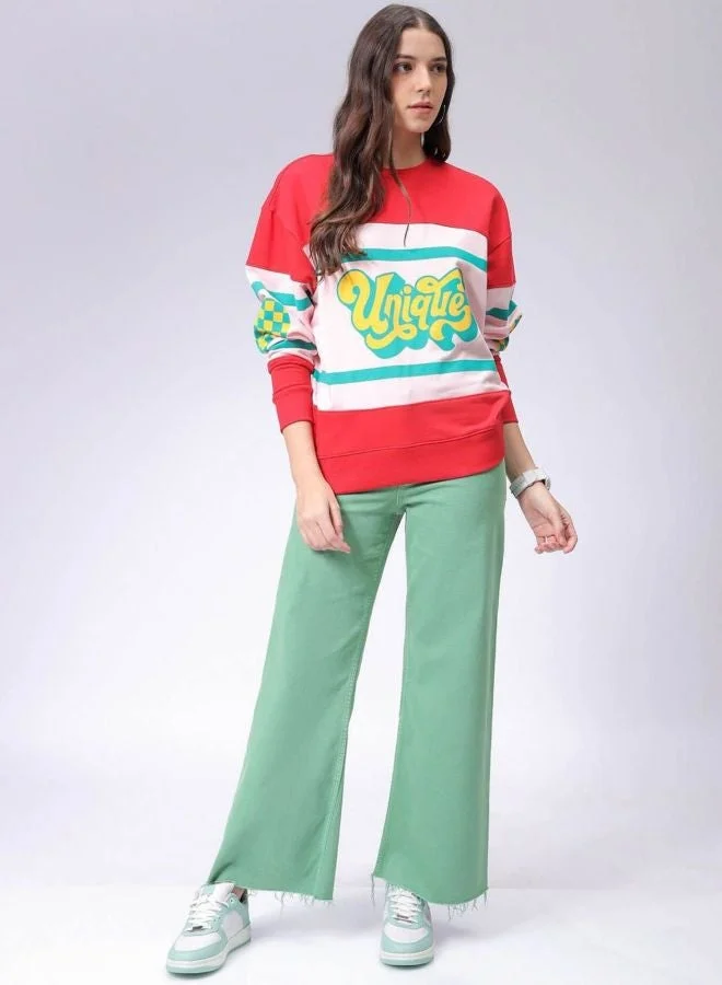 Freehand  Women Relaxed Fit Typography Printed Crew Neck Long Sleeve Oversized Sweatshirt  | Best Price UAE