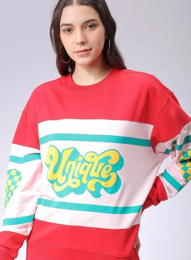 Freehand  Women Relaxed Fit Typography Printed Crew Neck Long Sleeve Oversized Sweatshirt  | Best Price UAE
