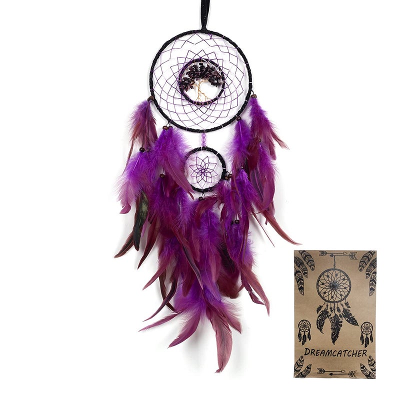 Dream Catcher Handmade Dreamcatcher with Healing Crystal Stone Tree of Life Dream Catchers Hanging Ornament for Home Bedroom Birthday Party Perfect Craft Gift for Kids Purple