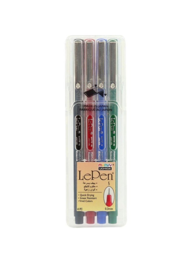 Marvy Uchida Le Pen Fine liner Pen Black; Blue ;Green; Red Ink ColorFine Tip4 Pieces - Image 1