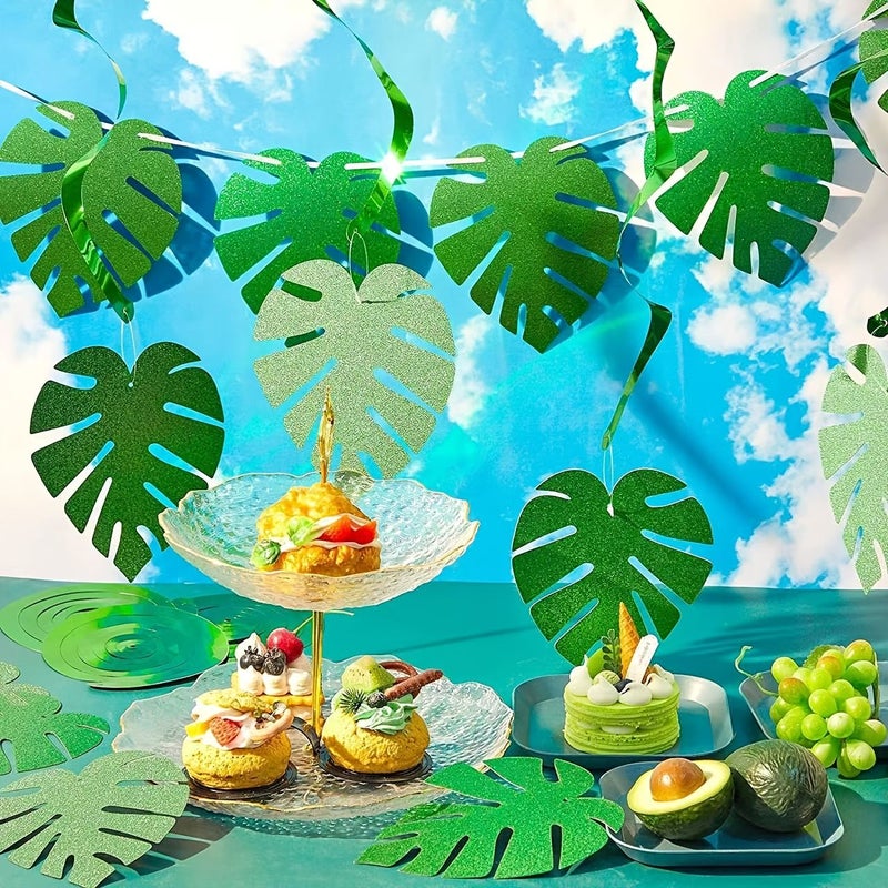 Green 32pcs Hawaiian Palm Leaves Swirl Hanging Ceiling Decorations for Tropical Summer Party Supplies - Image 5