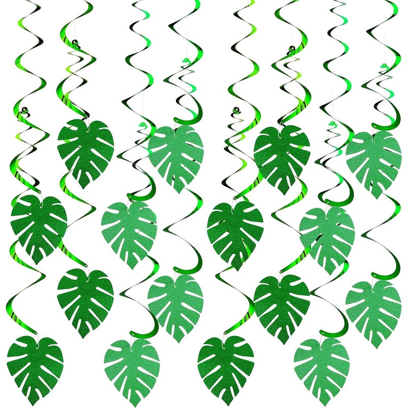 Green 32pcs Hawaiian Palm Leaves Swirl Hanging Ceiling Decorations for Tropical Summer Party Supplies - Image 1
