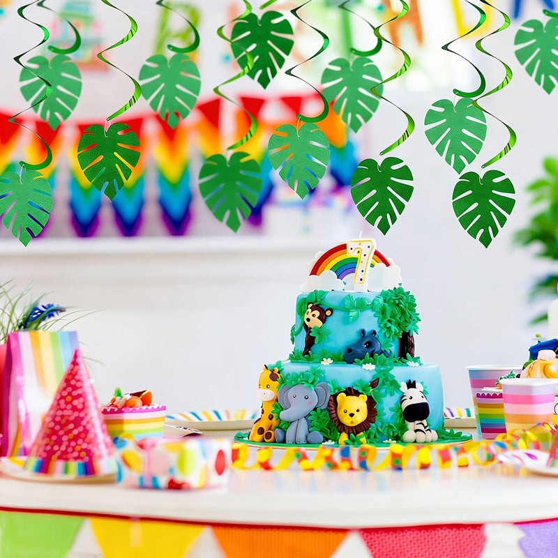 Green 32pcs Hawaiian Palm Leaves Swirl Hanging Ceiling Decorations for Tropical Summer Party Supplies - Image 4