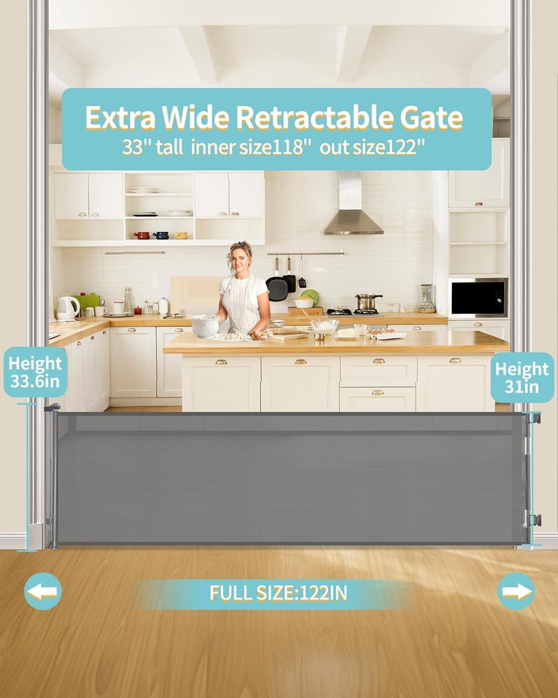 DEAR LOV Retractable Baby Gate for Stairs â€“ 33â€ Height, Expands up to 118â€ Width â€“ Safety Gate for Infants, Toddlers, Dogs & Pets â€“ Easy Install, Secure Closure, Gray Mesh Design for Indoor & Outdoor Use - Image 2