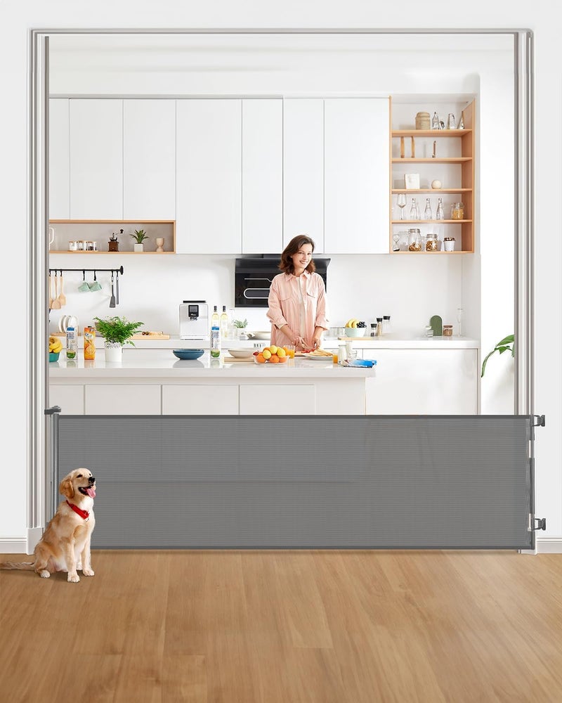 DEAR LOV Retractable Baby Gate for Stairs â€“ 33â€ Height, Expands up to 118â€ Width â€“ Safety Gate for Infants, Toddlers, Dogs & Pets â€“ Easy Install, Secure Closure, Gray Mesh Design for Indoor & Outdoor Use - Image 1
