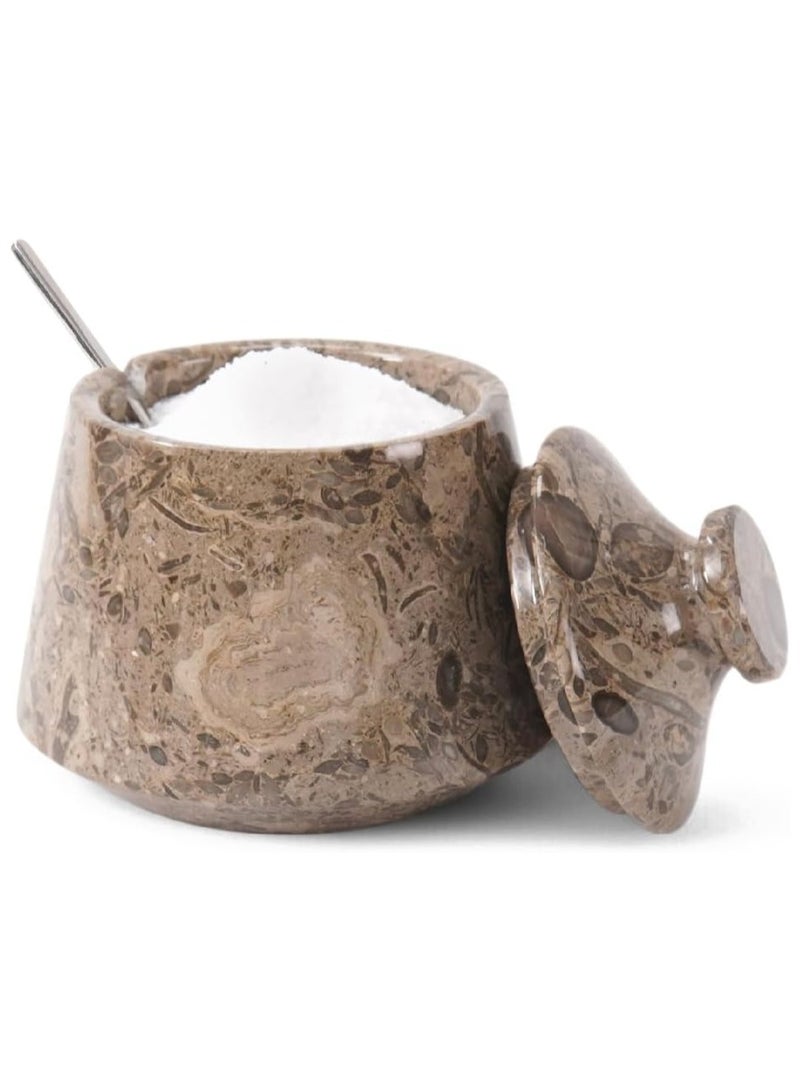 الحرف الأرضية قبو ملح رخامي مع غطاء وملعقة، برطمان توابل وبهارات أوشيانك مقاس 4 بوصات - مصنوع يدويًا من الرخام لتخزين الملح مع ملعقة لطاولة المطبخ - Image 1