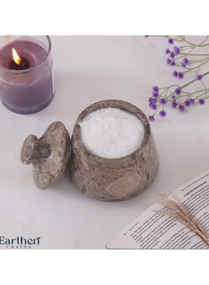 الحرف الأرضية قبو ملح رخامي مع غطاء وملعقة، برطمان توابل وبهارات أوشيانك مقاس 4 بوصات - مصنوع يدويًا من الرخام لتخزين الملح مع ملعقة لطاولة المطبخ - Image 2