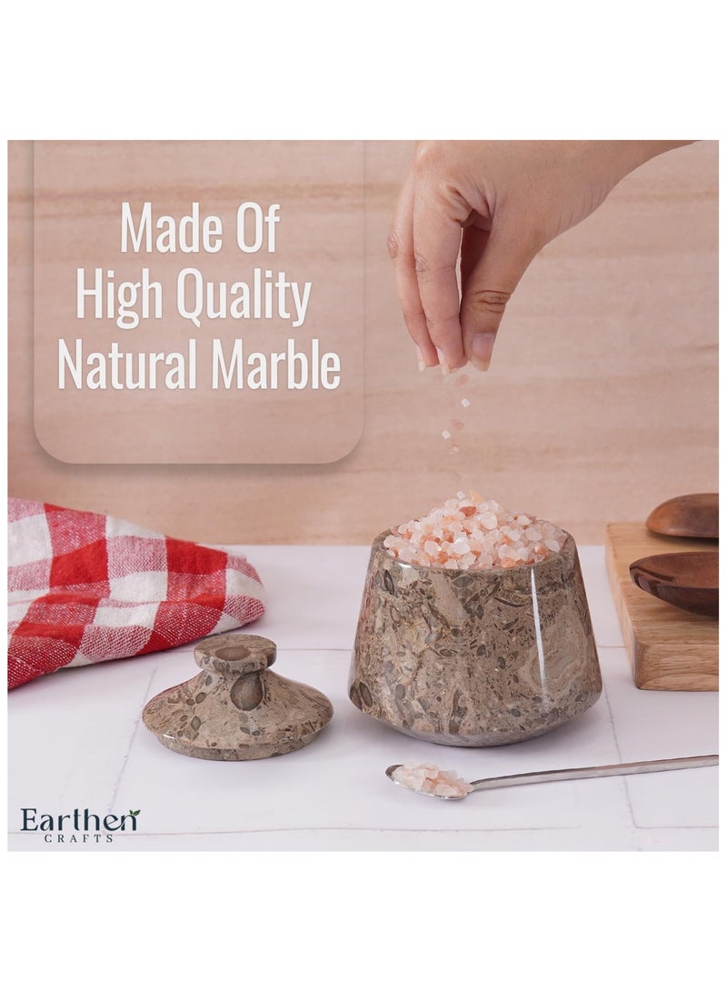 الحرف الأرضية قبو ملح رخامي مع غطاء وملعقة، برطمان توابل وبهارات أوشيانك مقاس 4 بوصات - مصنوع يدويًا من الرخام لتخزين الملح مع ملعقة لطاولة المطبخ - Image 4