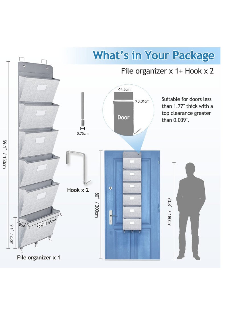 Over The Door File Organizer, Mail Organizer Holder Wall Mount Hanging File Folders Storage Organize with 6 Pockets for Office, Home, Paper, Document, Chart, Grey - Image 2