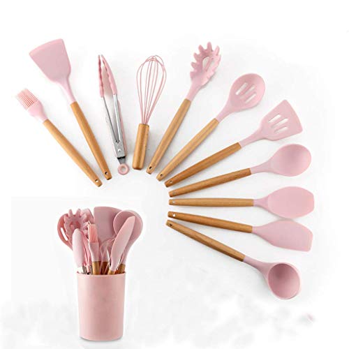 GTC® 12pcs Wooden Handle Silicone Cooking Spoon Set High Temperature Resistant Silicone Spatula Kitchen Utensils (Pink) - Image 1