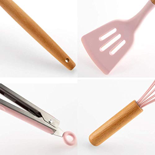 GTC® 12pcs Wooden Handle Silicone Cooking Spoon Set High Temperature Resistant Silicone Spatula Kitchen Utensils (Pink) - Image 4