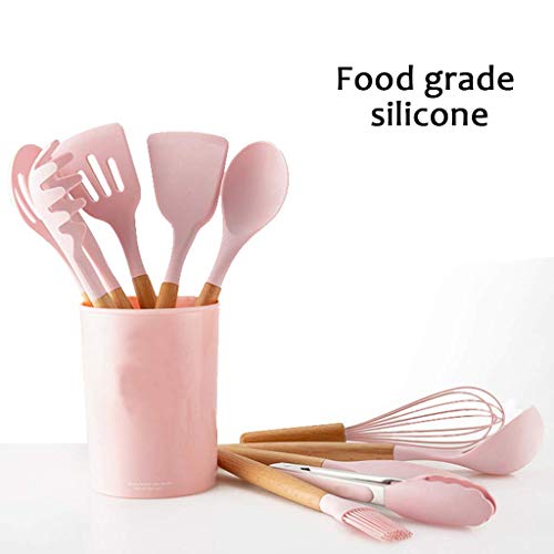 GTC® 12pcs Wooden Handle Silicone Cooking Spoon Set High Temperature Resistant Silicone Spatula Kitchen Utensils (Pink) - Image 3