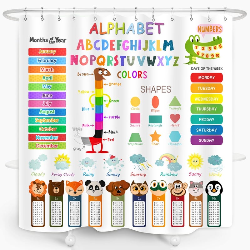 ZXMBF ABC Educational Shower Curtain Kids Learning Tool Funny Cartoon Animals Colors Shapes Weathers Multiplication Table Girls Boys Colorful Decor Waterproof Fabric 72Lx72W Inch with Hooks - Image 3