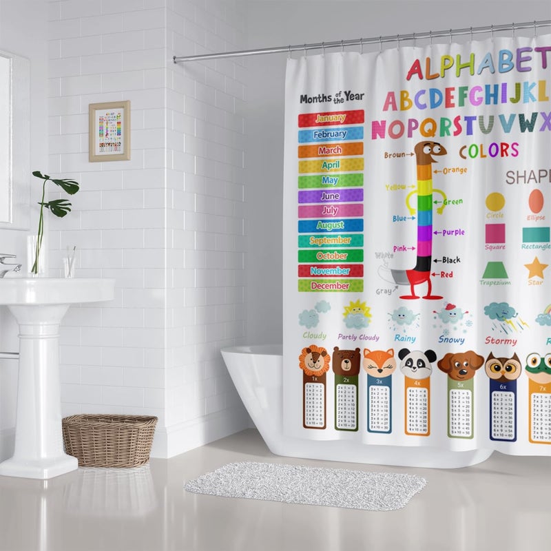 ZXMBF ABC Educational Shower Curtain Kids Learning Tool Funny Cartoon Animals Colors Shapes Weathers Multiplication Table Girls Boys Colorful Decor Waterproof Fabric 72Lx72W Inch with Hooks - Image 5