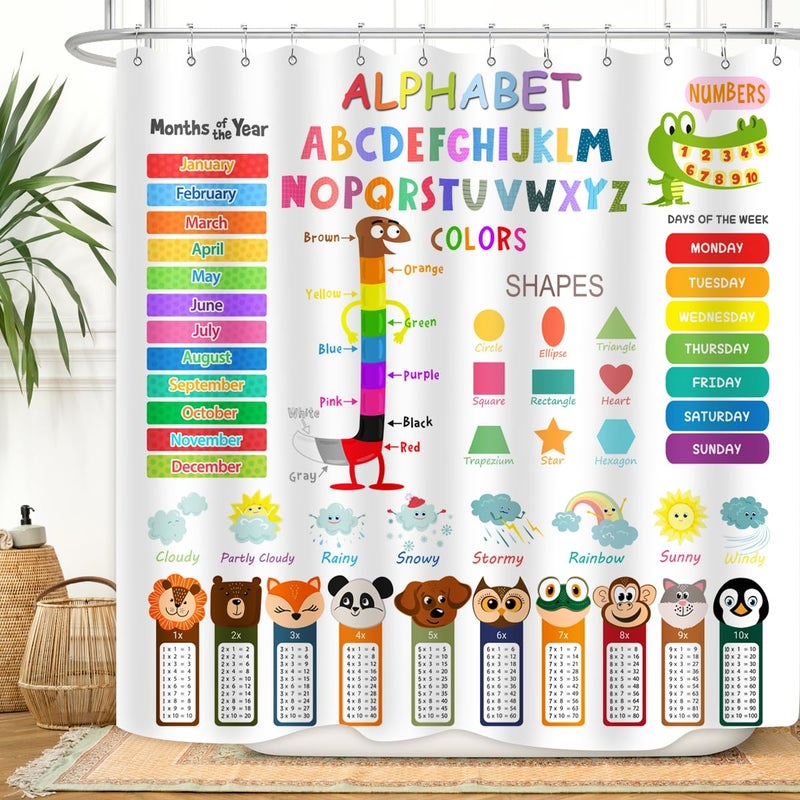ZXMBF ABC Educational Shower Curtain Kids Learning Tool Funny Cartoon Animals Colors Shapes Weathers Multiplication Table Girls Boys Colorful Decor Waterproof Fabric 72Lx72W Inch with Hooks - Image 1