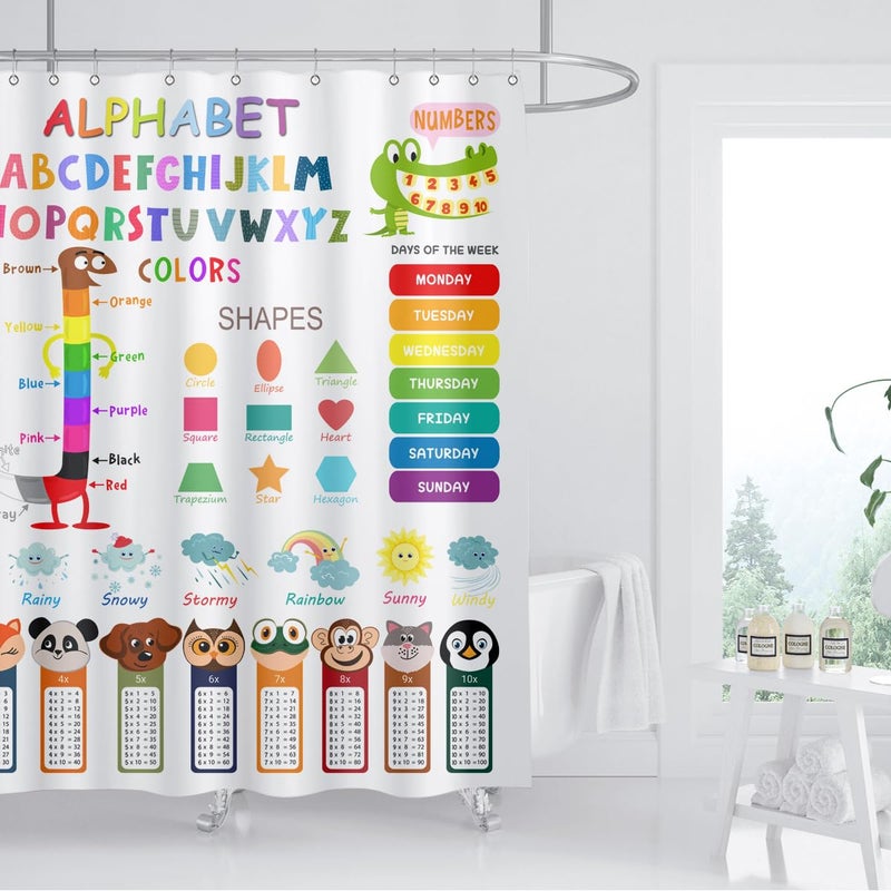 ZXMBF ABC Educational Shower Curtain Kids Learning Tool Funny Cartoon Animals Colors Shapes Weathers Multiplication Table Girls Boys Colorful Decor Waterproof Fabric 72Lx72W Inch with Hooks - Image 2