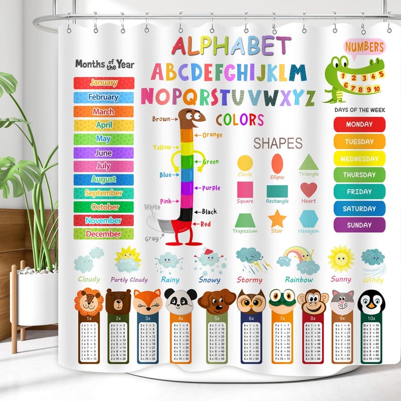 ZXMBF ABC Educational Shower Curtain Kids Learning Tool Funny Cartoon Animals Colors Shapes Weathers Multiplication Table Girls Boys Colorful Decor Waterproof Fabric 72Lx72W Inch with Hooks - Image 4