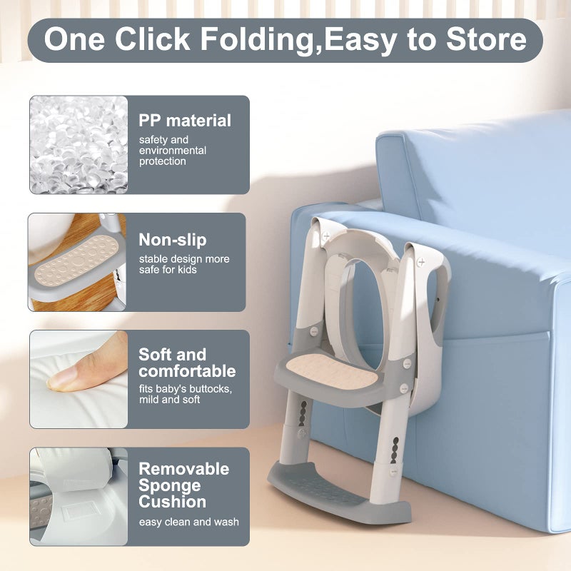 GLAF Potty Training Toilet Seat for Toddler Potty Chair with Step Stools Ladder for Boys Girls 2 in 1 Adjustable Kids Potty Seat with Anti-Slip Pads Comfortable Cushion (Grey) - Image 3