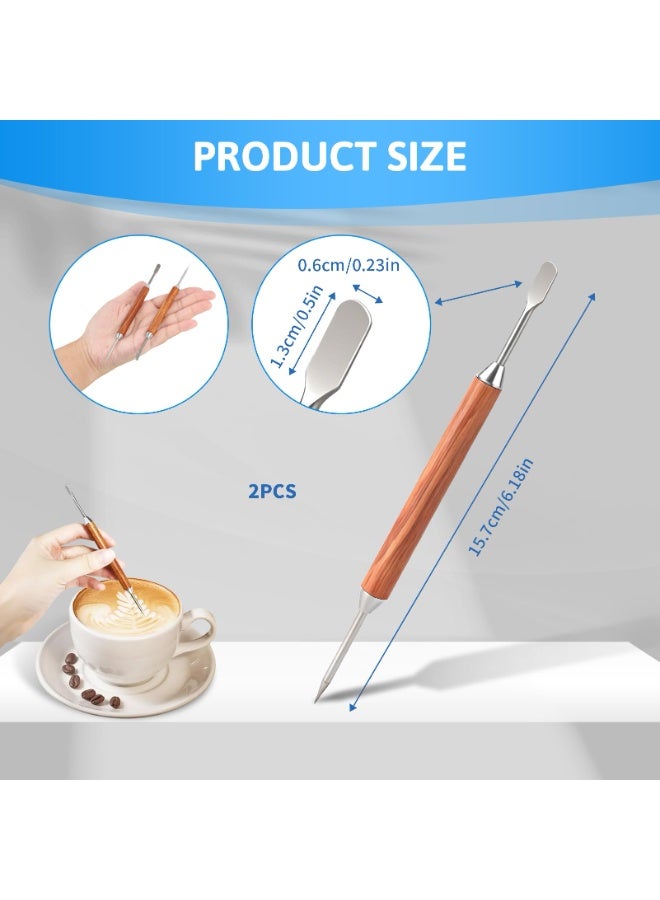 طقم قلمين لرسم اللاتيه، مصنوع من الفولاذ المقاوم للصدأ بمقبض خشبي، قلم مزدوج الأطراف لرسم اللاتيه، مناسب للاستخدام المنزلي والمقاهي، لرسم تصاميم قهوة متقنة. - Image 2
