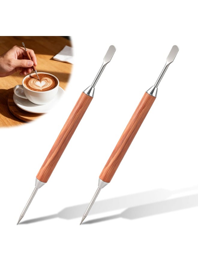 طقم قلمين لرسم اللاتيه، مصنوع من الفولاذ المقاوم للصدأ بمقبض خشبي، قلم مزدوج الأطراف لرسم اللاتيه، مناسب للاستخدام المنزلي والمقاهي، لرسم تصاميم قهوة متقنة. - Image 1