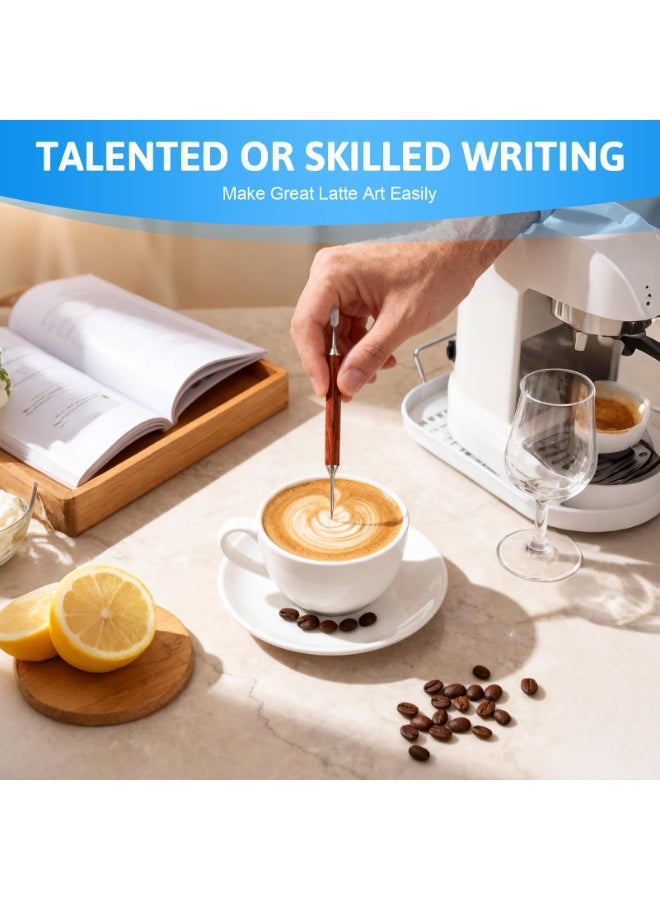 طقم قلمين لرسم اللاتيه، مصنوع من الفولاذ المقاوم للصدأ بمقبض خشبي، قلم مزدوج الأطراف لرسم اللاتيه، مناسب للاستخدام المنزلي والمقاهي، لرسم تصاميم قهوة متقنة. - Image 4