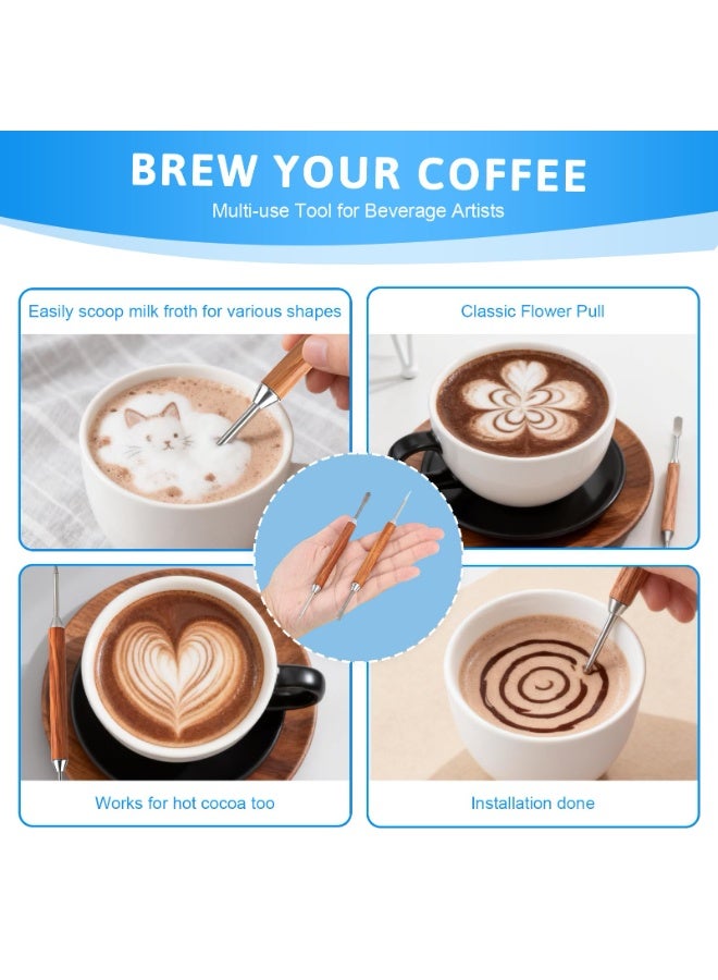 طقم قلمين لرسم اللاتيه، مصنوع من الفولاذ المقاوم للصدأ بمقبض خشبي، قلم مزدوج الأطراف لرسم اللاتيه، مناسب للاستخدام المنزلي والمقاهي، لرسم تصاميم قهوة متقنة. - Image 5