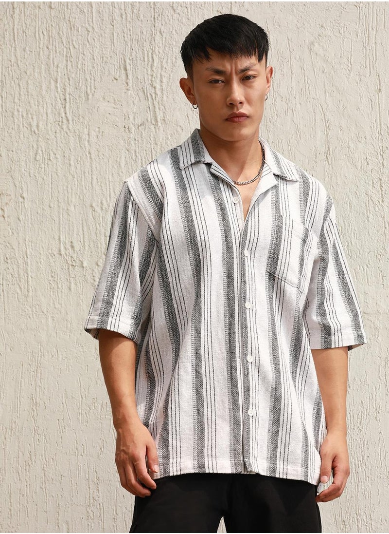 Hubberholme Relaxed Fit Vertical Striped Resort Collar Crochet Cotton Casual Shirt for Men  - Image 1
