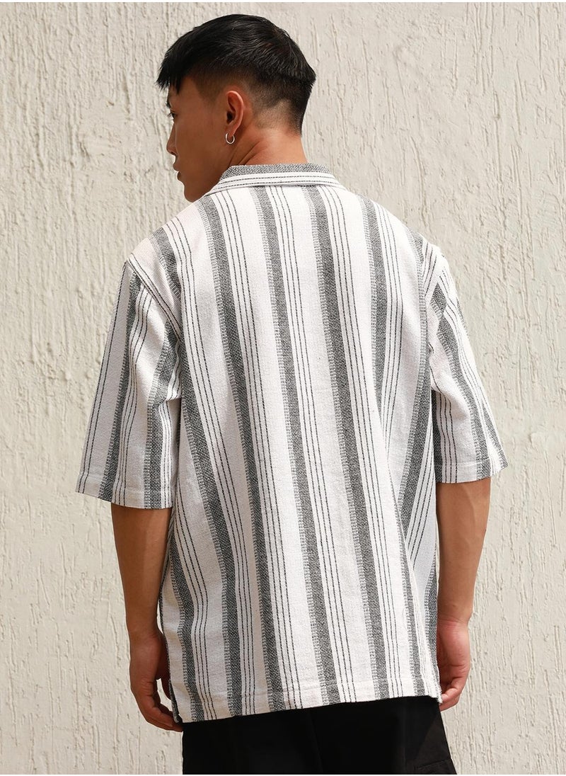Hubberholme Relaxed Fit Vertical Striped Resort Collar Crochet Cotton Casual Shirt for Men  - Image 3