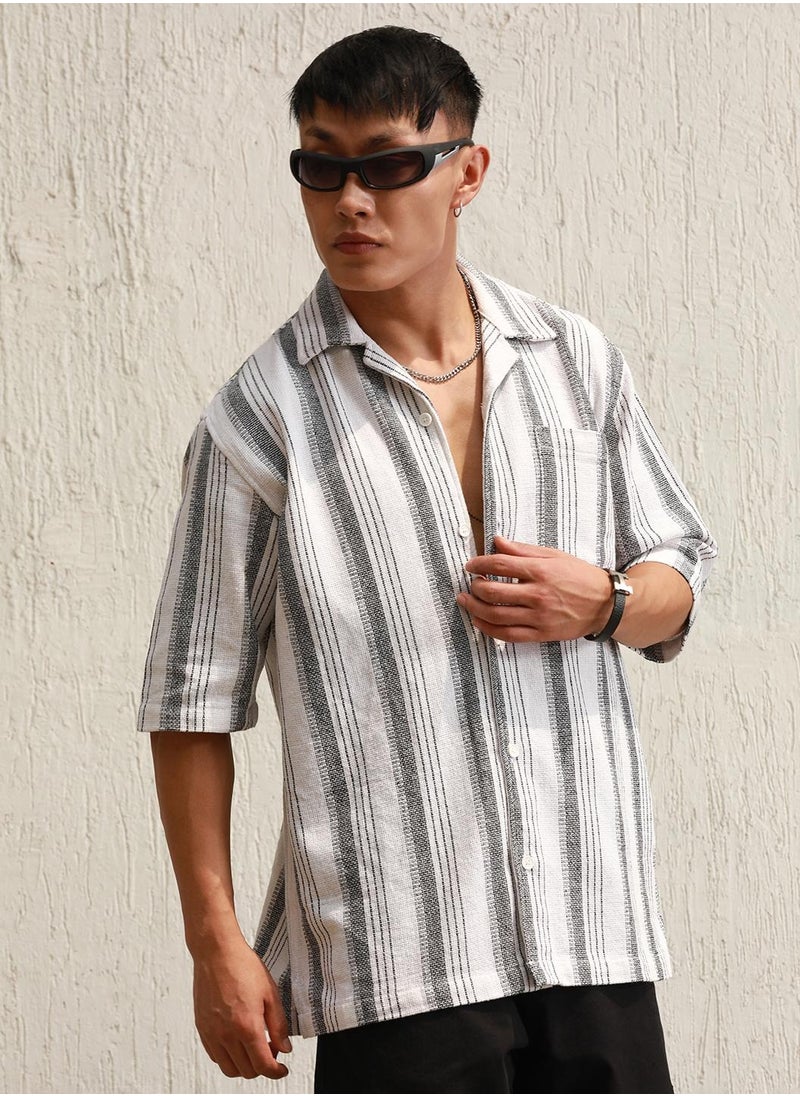 Hubberholme Relaxed Fit Vertical Striped Resort Collar Crochet Cotton Casual Shirt for Men  - Image 5