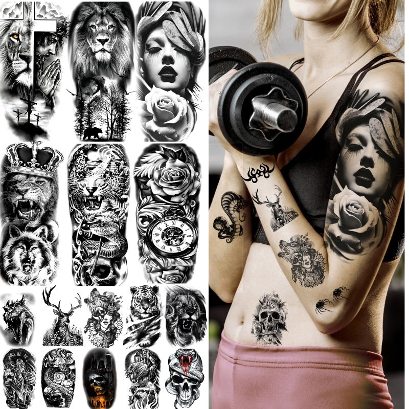 JEEFONNA 82 Sheets Temporary Tattoo for Men Women Adults, Include 12 Sheets Black 3D Half Sleeve Temporary Tattoos, Halloween Tattoos Scary Lion Wolf Tiger Skull Skeleton Tattoos Stickers - Image 3