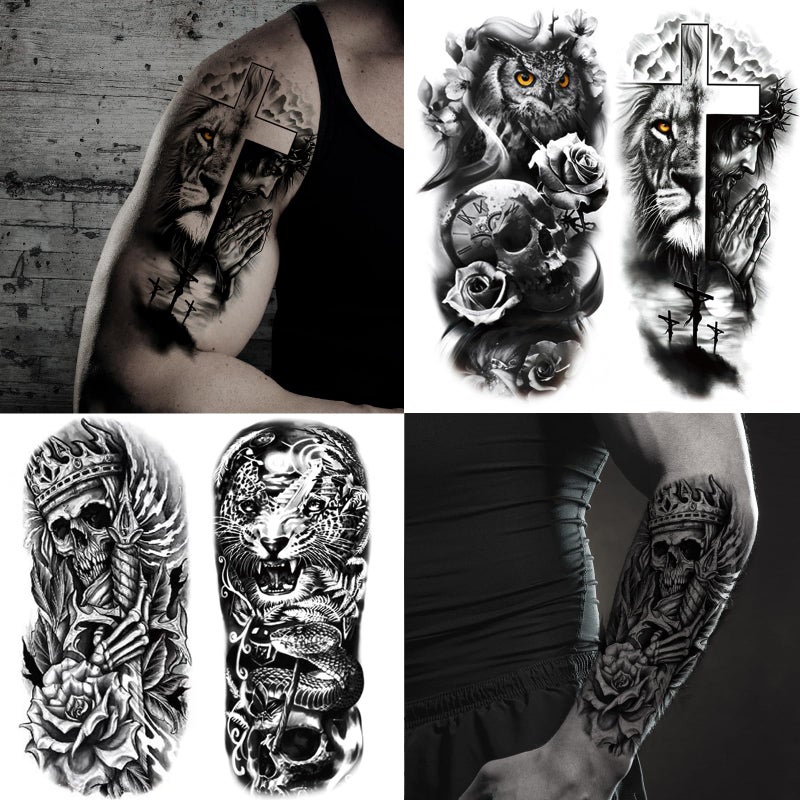 JEEFONNA 82 Sheets Temporary Tattoo for Men Women Adults, Include 12 Sheets Black 3D Half Sleeve Temporary Tattoos, Halloween Tattoos Scary Lion Wolf Tiger Skull Skeleton Tattoos Stickers - Image 2