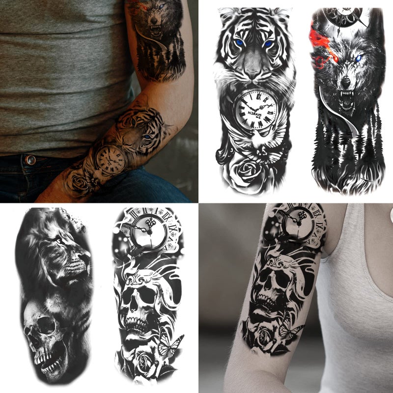 JEEFONNA 82 Sheets Temporary Tattoo for Men Women Adults, Include 12 Sheets Black 3D Half Sleeve Temporary Tattoos, Halloween Tattoos Scary Lion Wolf Tiger Skull Skeleton Tattoos Stickers - Image 4