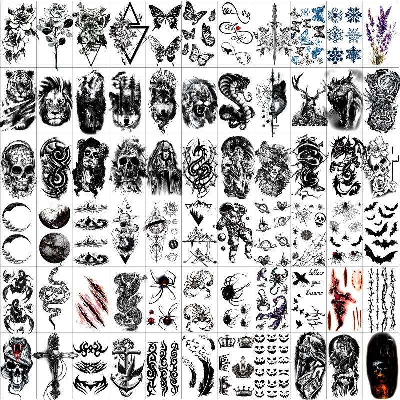 JEEFONNA 82 Sheets Temporary Tattoo for Men Women Adults, Include 12 Sheets Black 3D Half Sleeve Temporary Tattoos, Halloween Tattoos Scary Lion Wolf Tiger Skull Skeleton Tattoos Stickers - Image 5