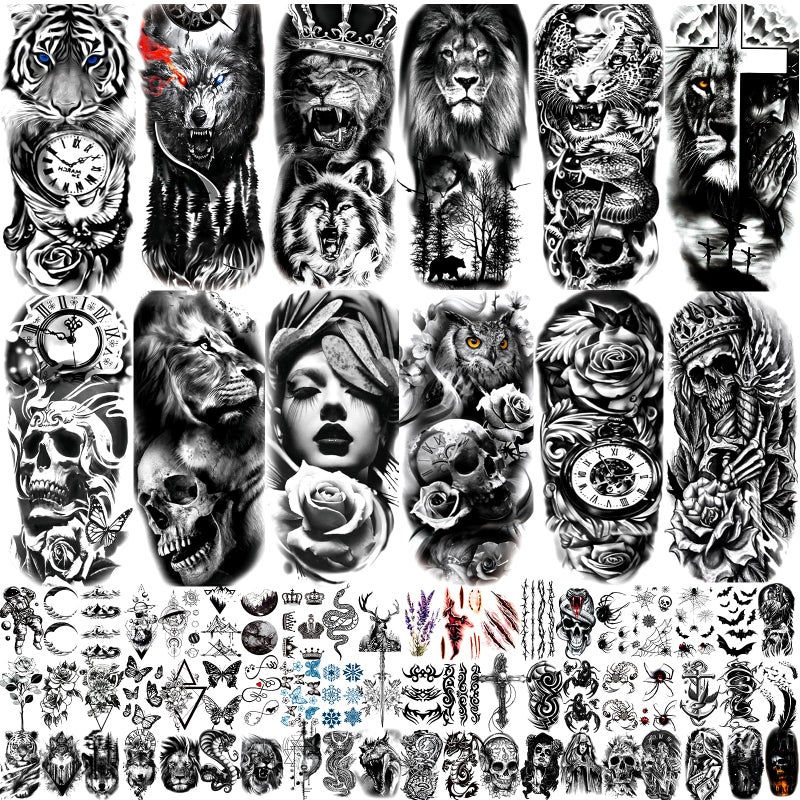 JEEFONNA 82 Sheets Temporary Tattoo for Men Women Adults, Include 12 Sheets Black 3D Half Sleeve Temporary Tattoos, Halloween Tattoos Scary Lion Wolf Tiger Skull Skeleton Tattoos Stickers - Image 1
