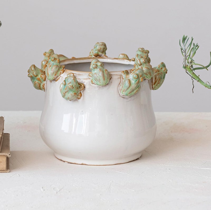 Creative Co-Op Stoneware Planter with Frogs on Rim and Reactive Glaze, Green and White - Image 2
