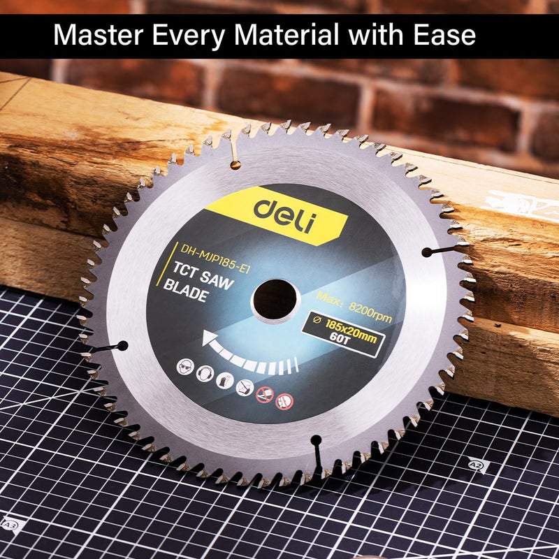 Deli DH-MJP185-E1 TCT Circular Saw Blade 7 inch / 185 x 20mm 60T YG8 Alloy Cutter Head Multi-Functional Rotation Cutting Tool with Advanced Heat Treatment for Professional Use (Pack of 1) - Image 2