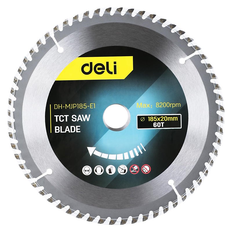 Deli DH-MJP185-E1 TCT Circular Saw Blade 7 inch / 185 x 20mm 60T YG8 Alloy Cutter Head Multi-Functional Rotation Cutting Tool with Advanced Heat Treatment for Professional Use (Pack of 1) - Image 1