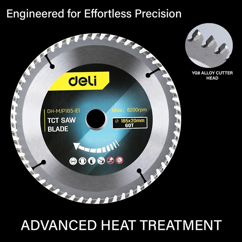Deli DH-MJP185-E1 TCT Circular Saw Blade 7 inch / 185 x 20mm 60T YG8 Alloy Cutter Head Multi-Functional Rotation Cutting Tool with Advanced Heat Treatment for Professional Use (Pack of 1) - Image 4