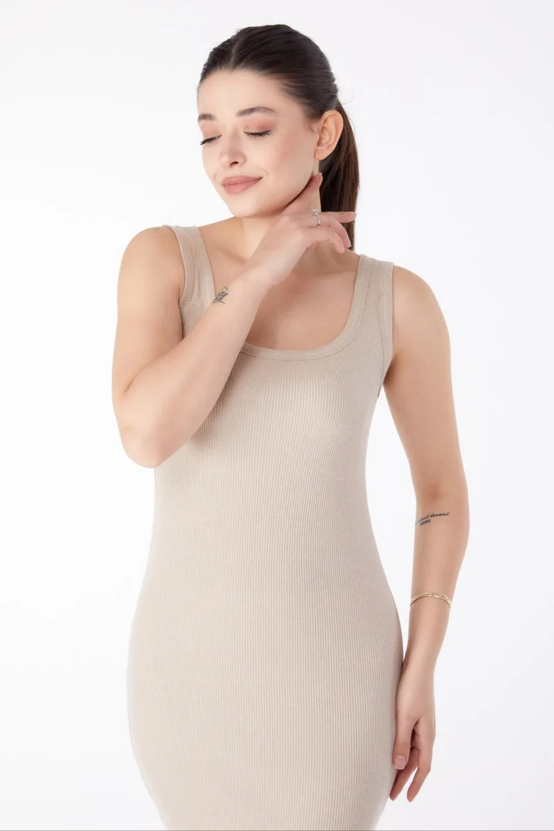 Tofisa Plain Crew Neck Women's Beige Thick Strapped Lycra Midi Dress - 24527