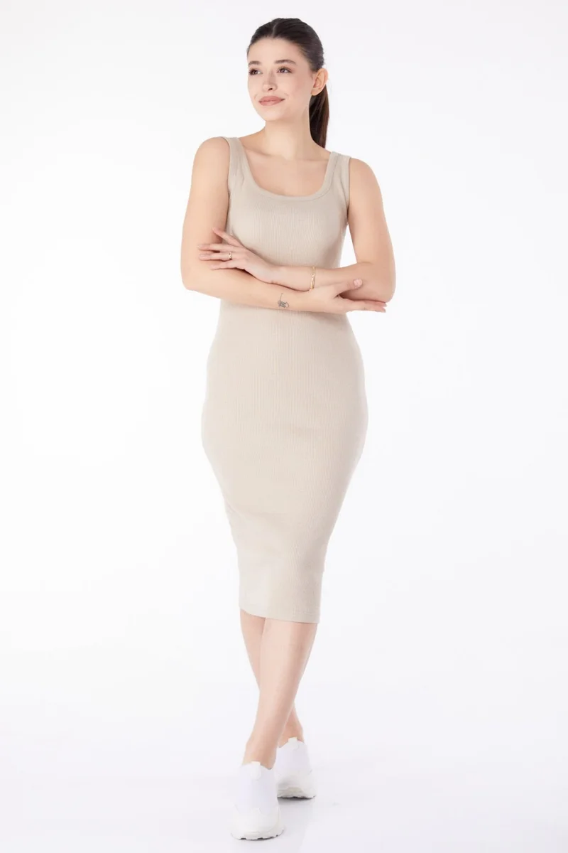 Tofisa Plain Crew Neck Women's Beige Thick Strapped Lycra Midi Dress - 24527
