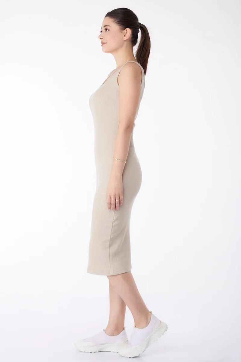 Tofisa Plain Crew Neck Women's Beige Thick Strapped Lycra Midi Dress - 24527