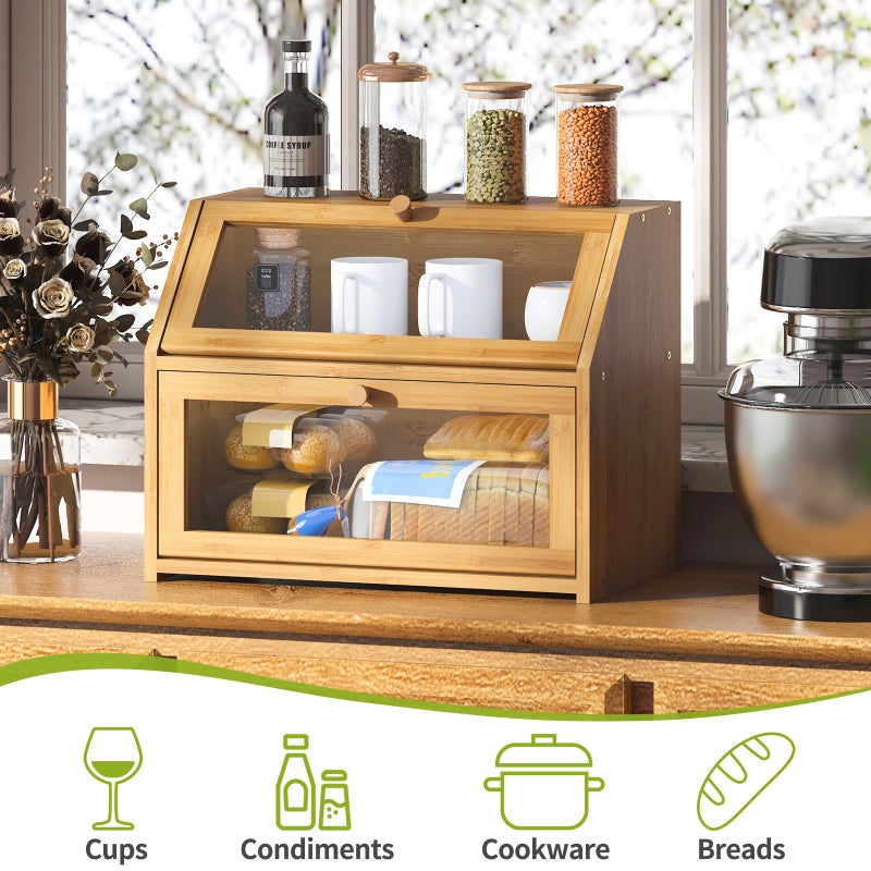 BMOSU Farmhouse Bread Box for Kitchen Countertop Bread box Double Layer Bamboo Wooden Extra Large Capacity Bin Kitchen Food Storage Container(Natural) - Image 5
